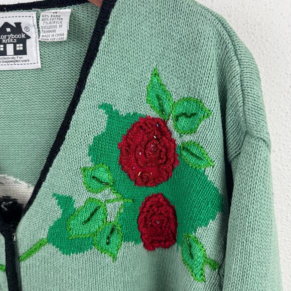 Storybook Knits Green Cats & Roses Cardigan - Picture 3 of 9